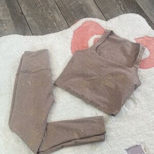 Beyond Yoga Taupe Crop Top & Leggings set with Gold Star Accent Pattern